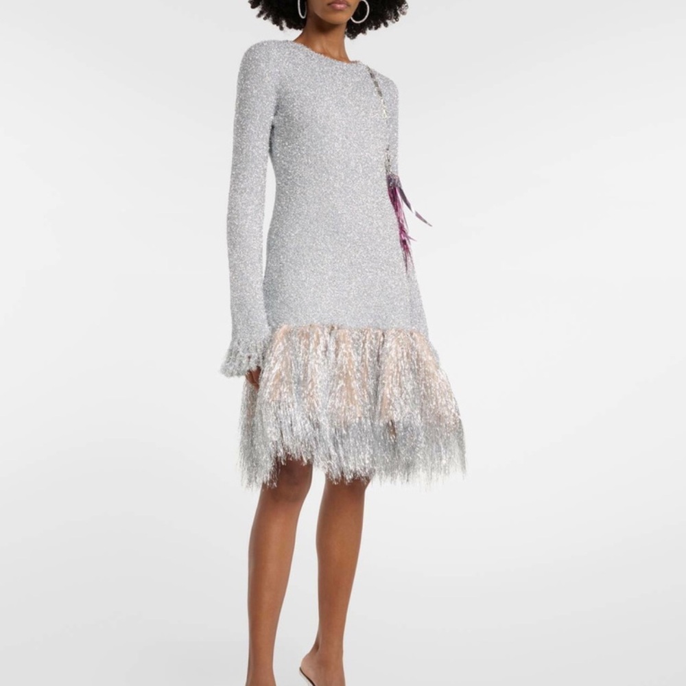 Paco Rabanne Metallic Fringe Silver Tinsel Drop Waist Long Sleeve Dress